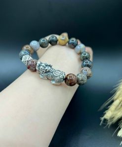 Vòng đá tự nhiên mix Tỳ hưu bạc 999 và đa giác (12 ly) cho nam - VT2400019