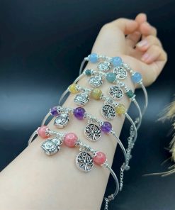 Vòng đá mix charm mèo béo và cây gia đình bạc 925 - VT2400034